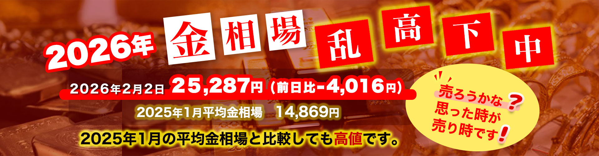 Bold Japanese promotional banner about the 2026 gold market, showing 25,287円 (前日比 -4,016円) and a yellow speech bubble asking '売ろうかな？思った時が売り時です！' behind red price tiles and 2026年2月2日 text.